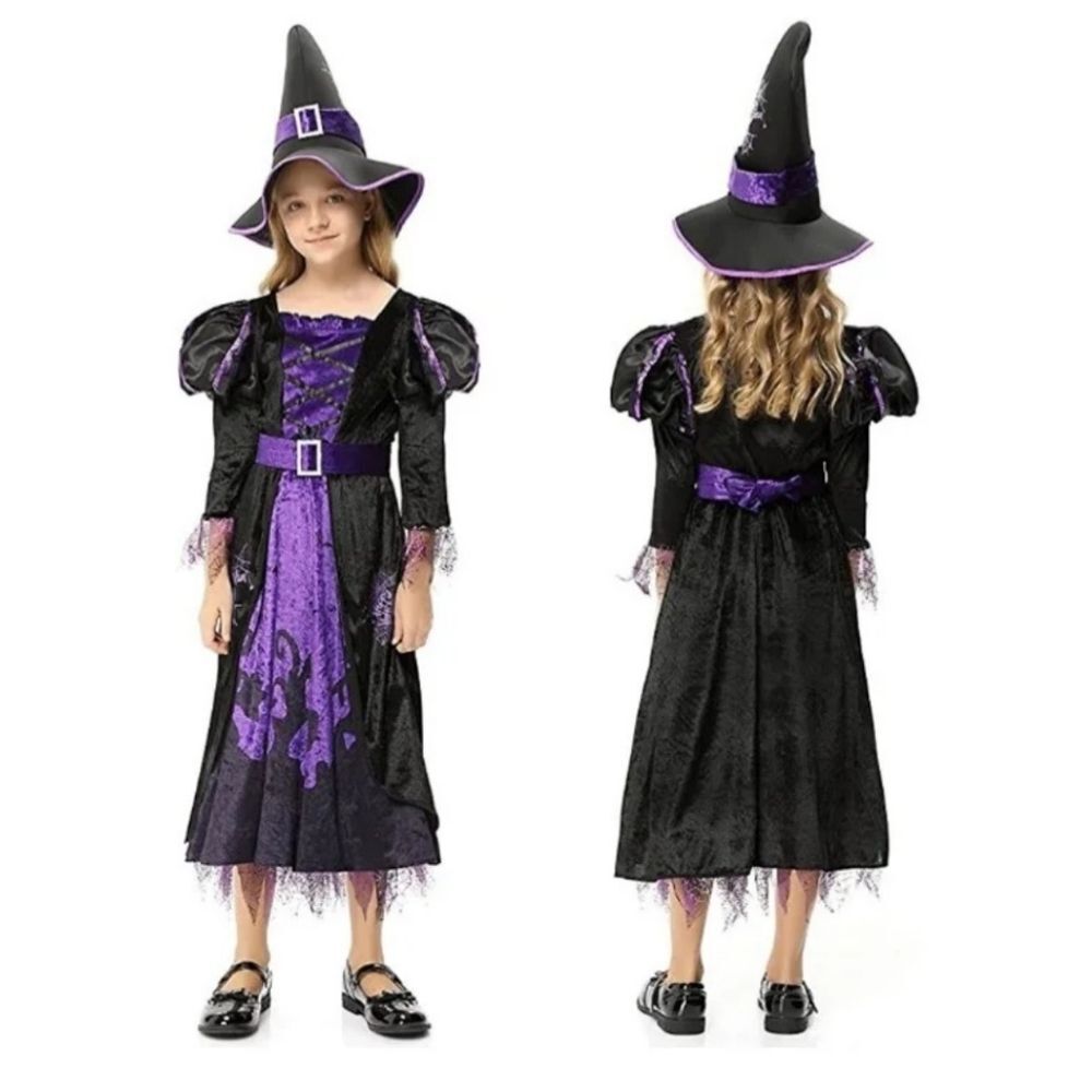 Girls Size M (8-10 years) Beautiful Purple and Black Witch Costume with Hat